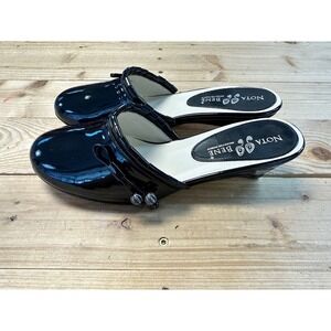 Nota Bene Black‎ Patent Leather Mules Round Toe Low Wedge Bow Detail Size 6